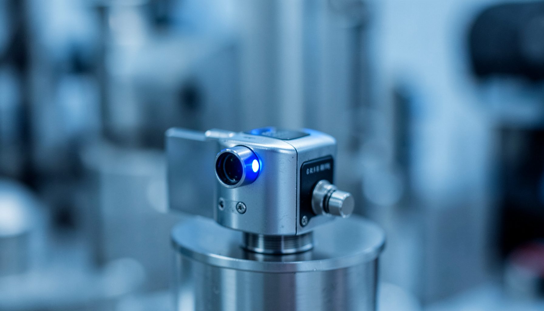 A close-up of a sleek laboratory sensor unit with metallic casing and blue indicator lights, set against a softly blurred industrial backdrop in cool blue-gray tones.