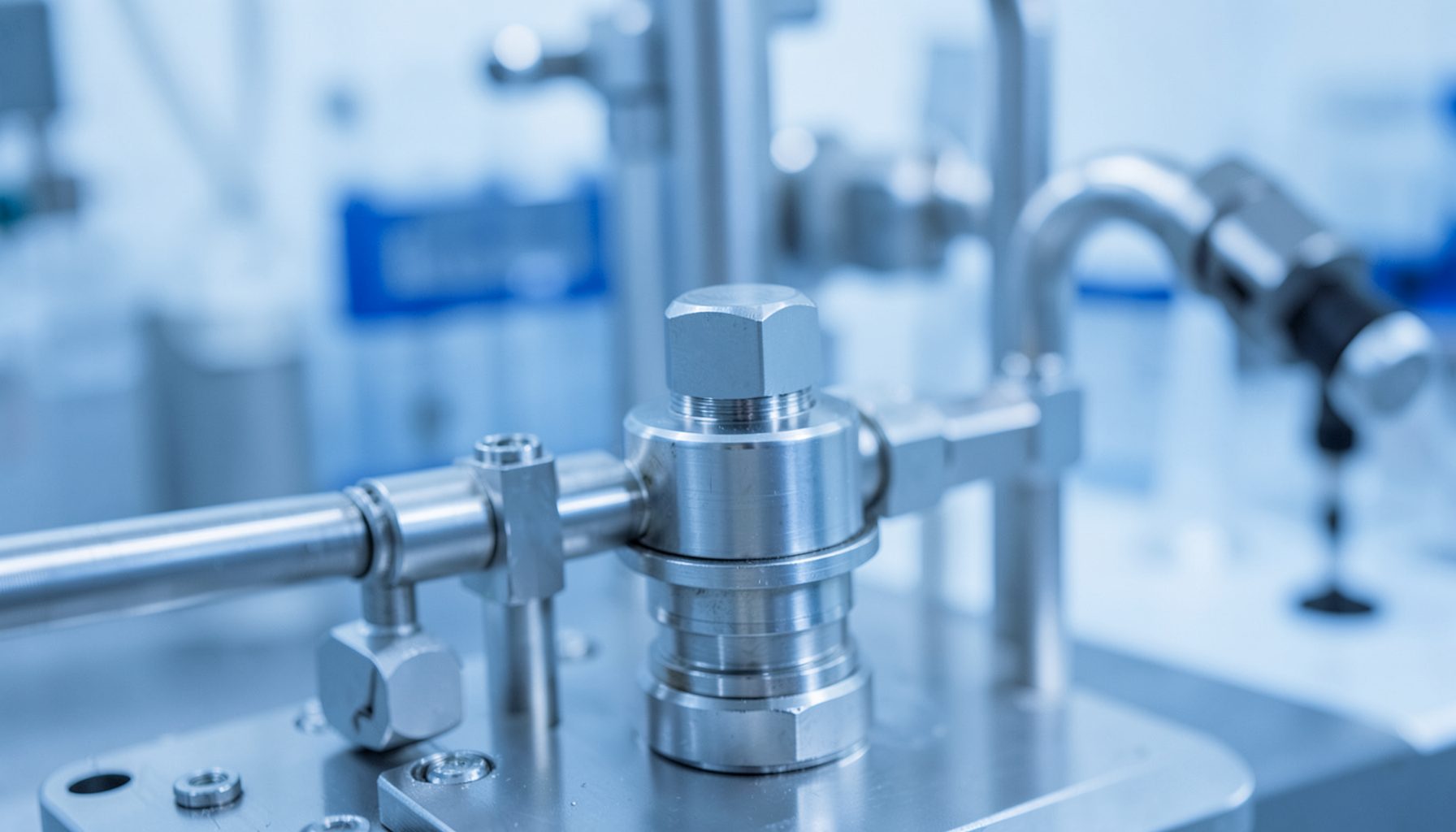 A close-up view of precision industrial sensor equipment with metallic fittings and tubing, set against a clean laboratory backdrop in cool blue and silver tones.