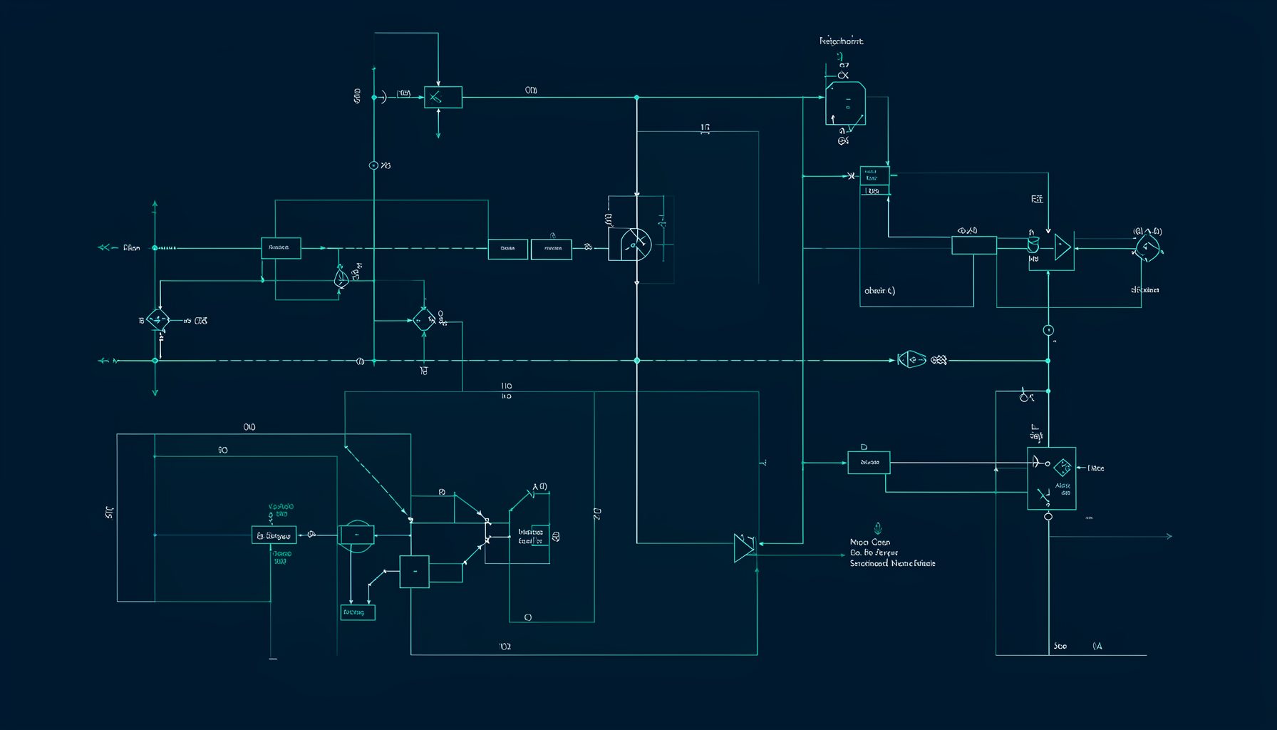 An abstract technical diagram rendered in deep navy and teal tones, suggesting structured research workflows and sensor system architecture.