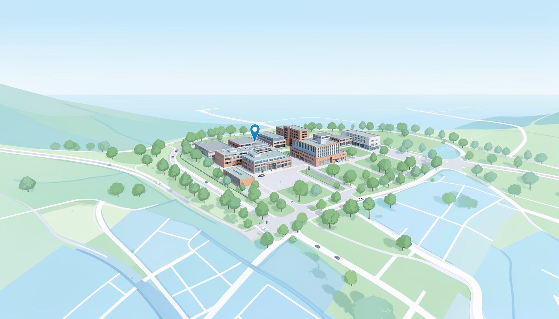 A clean, modern map illustration showing the DTU Lyngby campus area north of Copenhagen, with soft blue and green tones, tree-lined roads, and a subtle marker indicating the Matematiktorvet building complex under a pale sky.