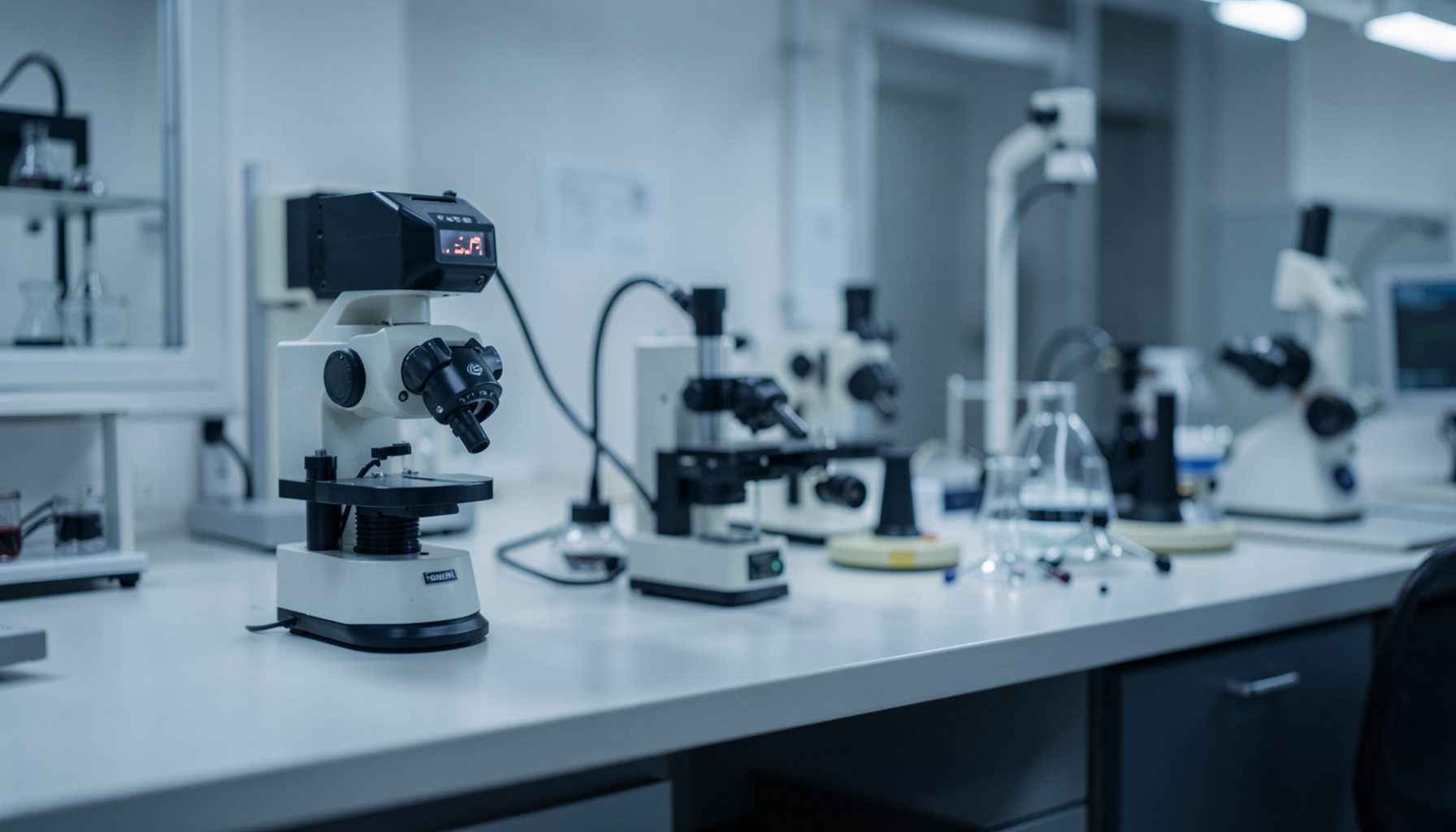 A softly lit laboratory bench with precision optical measurement instruments, conveying a mood of careful scientific research in muted grays and blues.