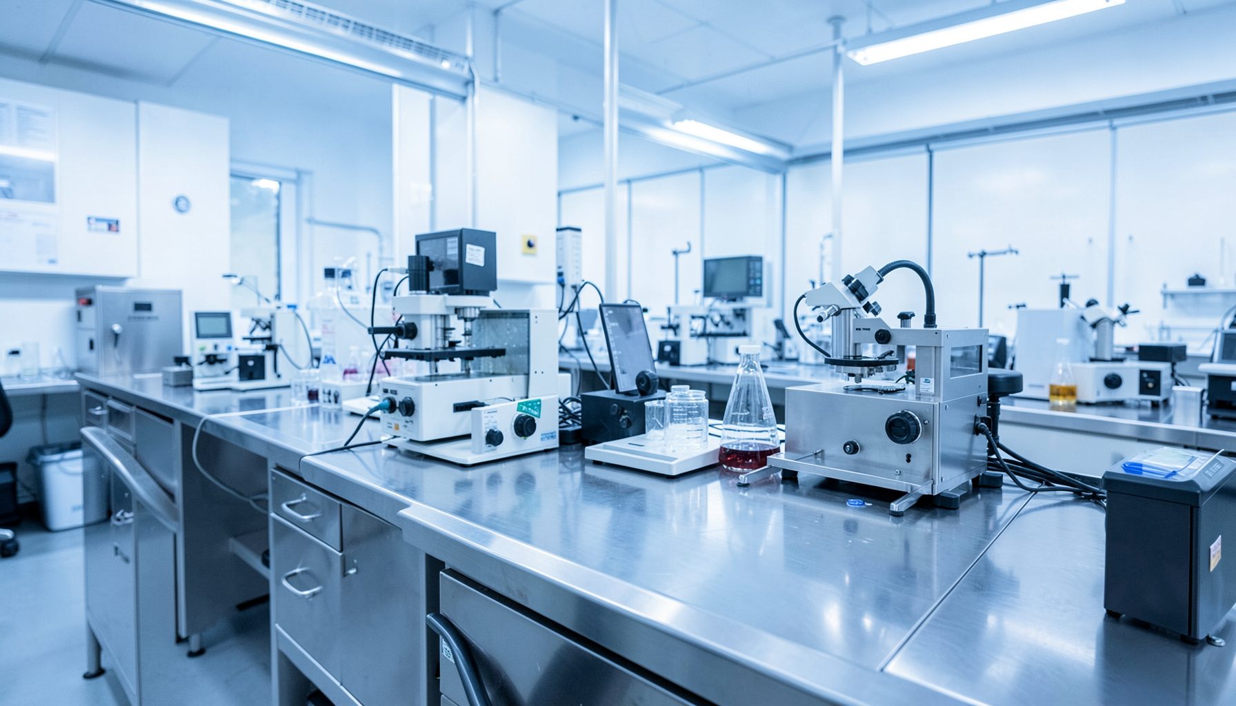 A clean, modern laboratory workspace with stainless steel surfaces and precision measurement equipment, bathed in cool blue-white light, conveying scientific rigor and European research collaboration.